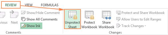 unprotect excel sheet from toolbar
