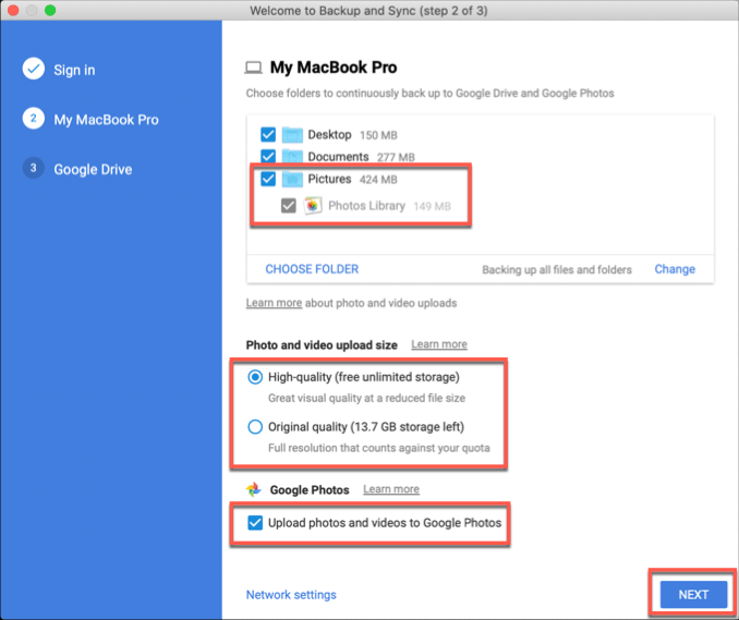 Pictures folder and other options in Backup & Sync window