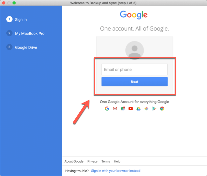 Google Sing-in window