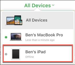 List of devices in Find My iPhone