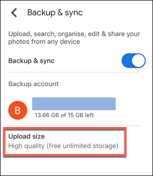 Upload size in Backup & sync menu