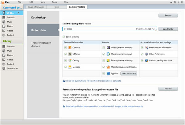 Restore data by Samsung Kies