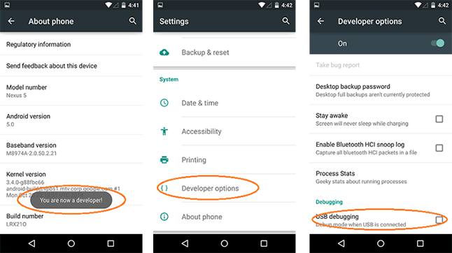 turn on USB debugging on Android 5.0