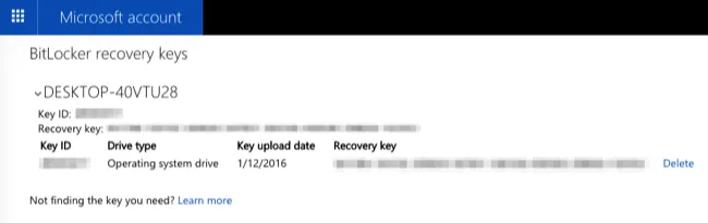 BitLocker Recovery Key in Microsoft Account